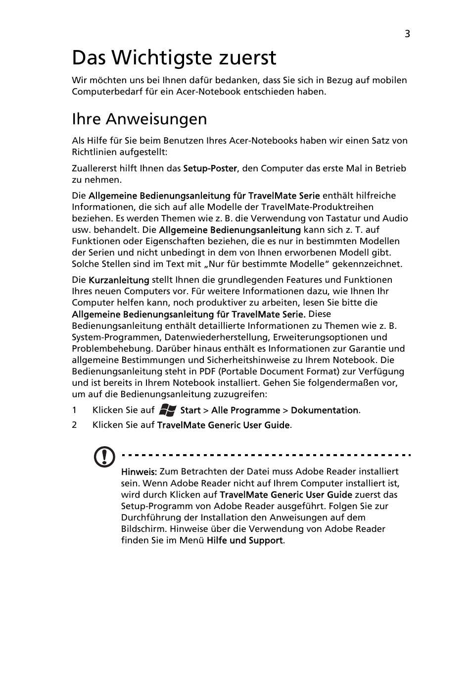 Das wichtigste zuerst, Ihre anweisungen | Acer TravelMate 4750ZG User Manual | Page 25 / 315
