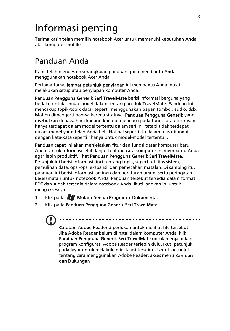 Informasi penting, Panduan anda | Acer TravelMate 4750ZG User Manual | Page 299 / 315