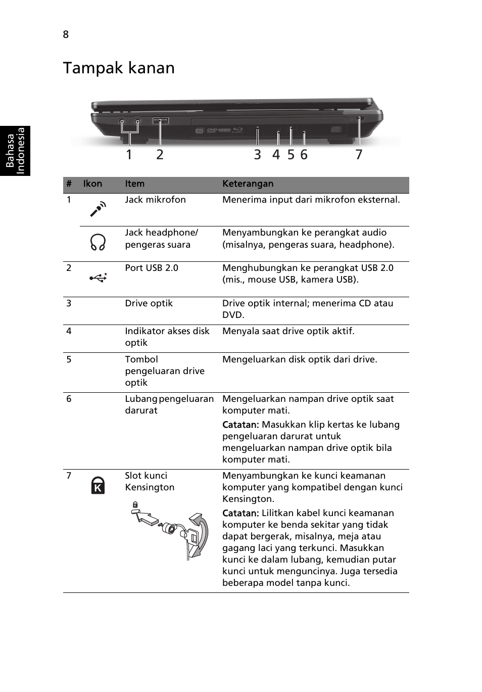 Tampak kanan | Acer TravelMate 4750ZG User Manual | Page 304 / 315