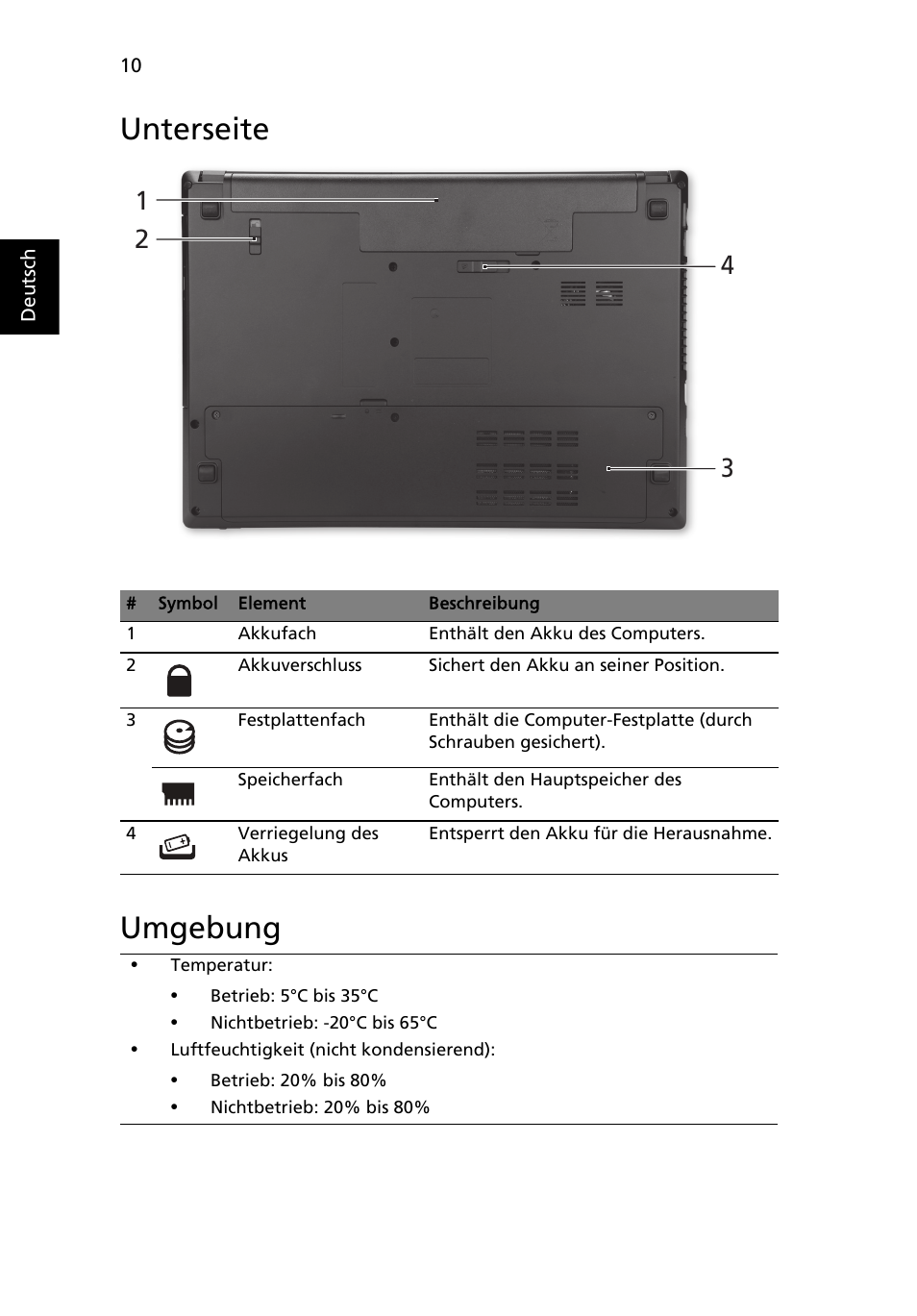 Unterseite, Umgebung, Unterseite umgebung | Acer TravelMate 4750ZG User Manual | Page 32 / 315