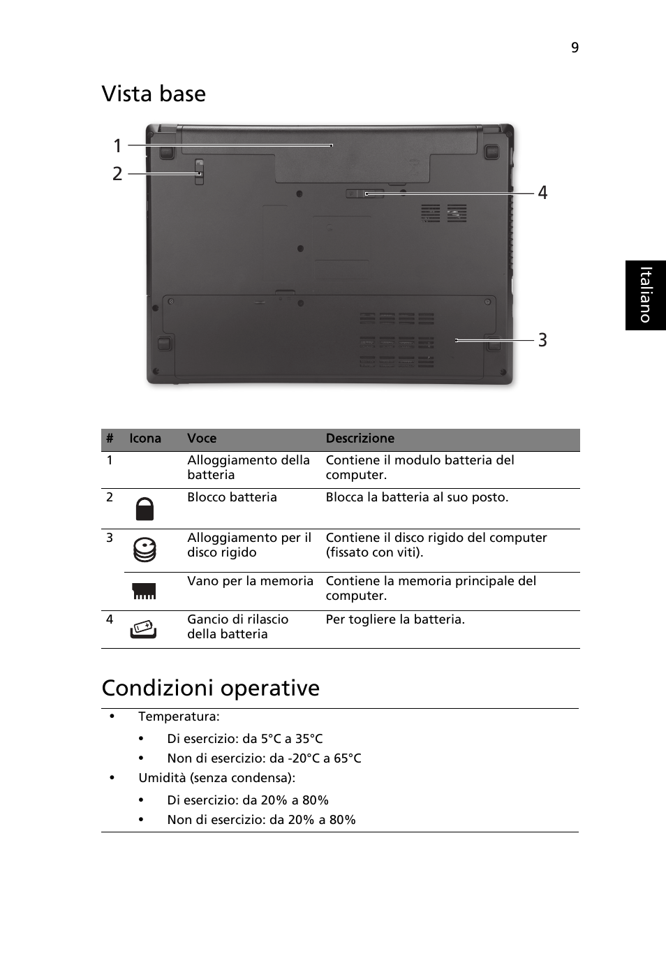 Vista base, Condizioni operative, Vista base condizioni operative | Acer TravelMate 4750ZG User Manual | Page 41 / 315