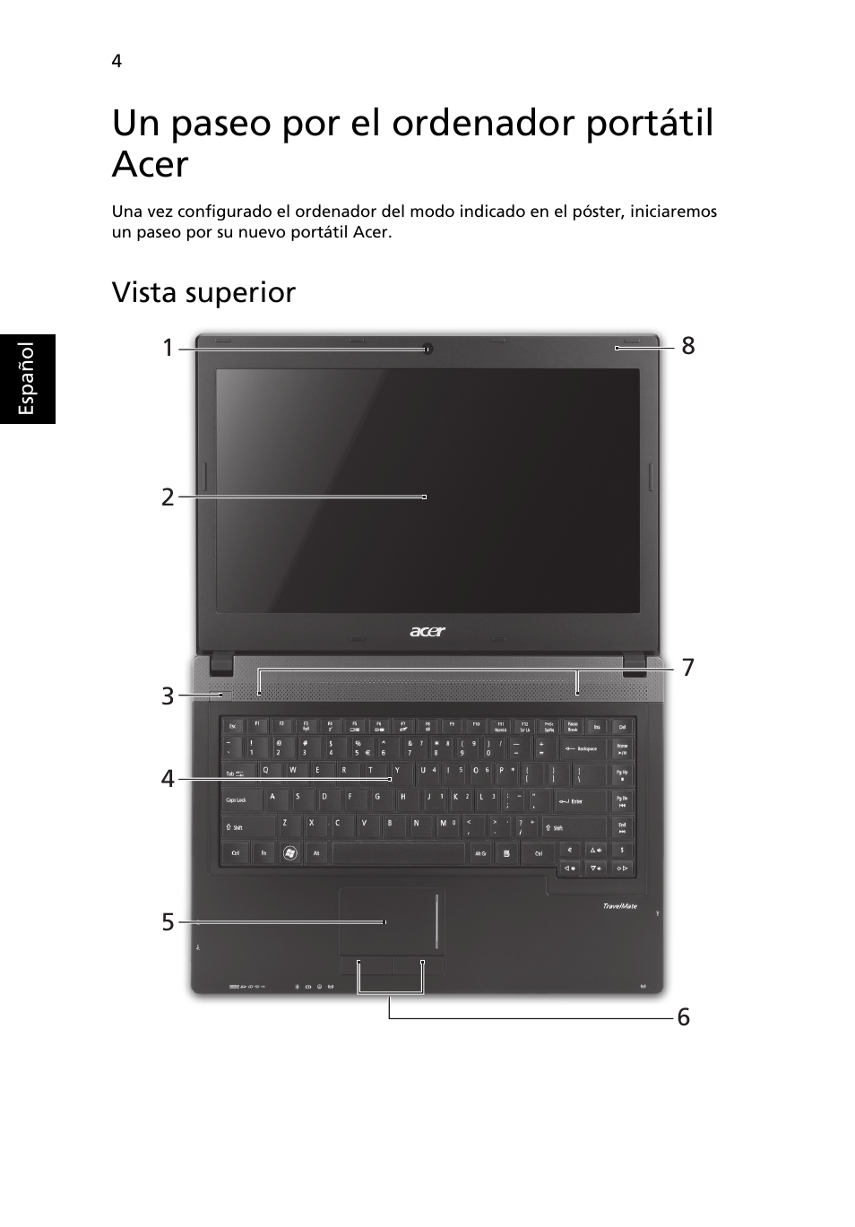 Un paseo por el ordenador portátil acer, Vista superior | Acer TravelMate 4750ZG User Manual | Page 46 / 315