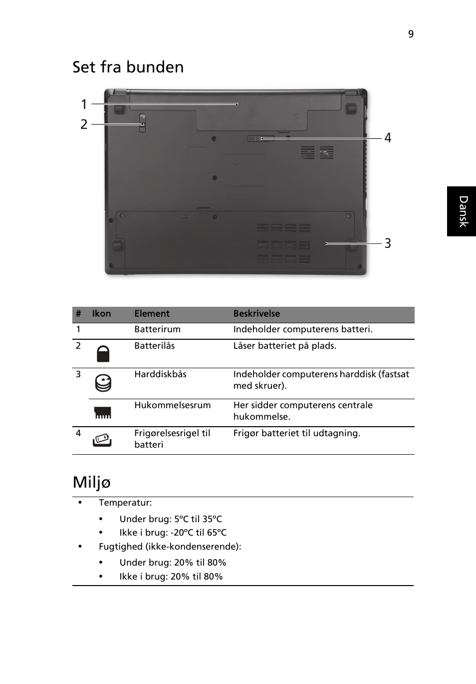 Set fra bunden, Miljø, Set fra bunden miljø | Acer TravelMate 4750ZG User Manual | Page 95 / 315
