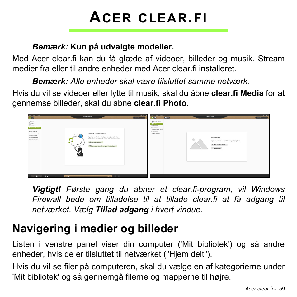 Acer clear.fi, Navigering i medier og billeder, Clear | Acer Aspire S3-391 User Manual | Page 1029 / 3554