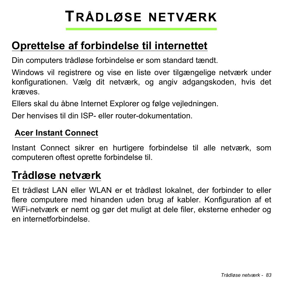 Trådløse netværk, Oprettelse af forbindelse til internettet, Acer instant connect | Rådløse, Netværk | Acer Aspire S3-391 User Manual | Page 1053 / 3554