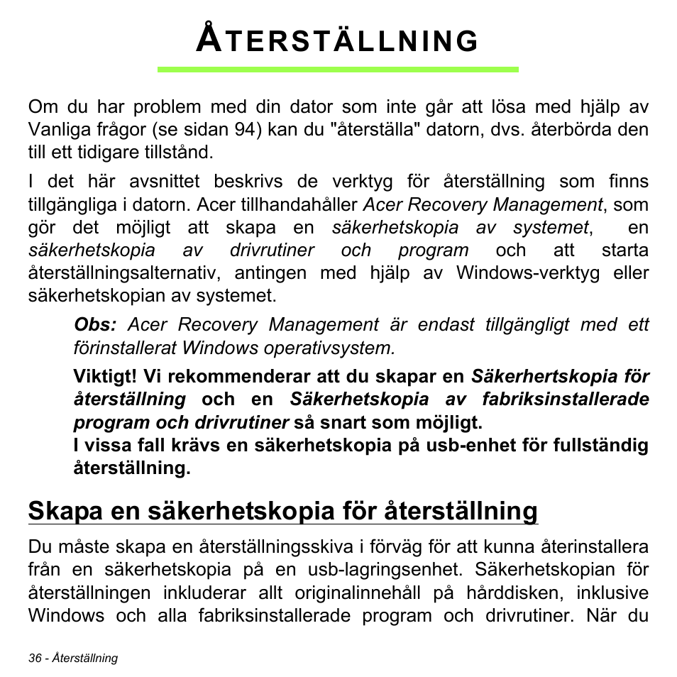 Återställning, Skapa en säkerhetskopia för återställning, Terställning | Acer Aspire S3-391 User Manual | Page 1120 / 3554