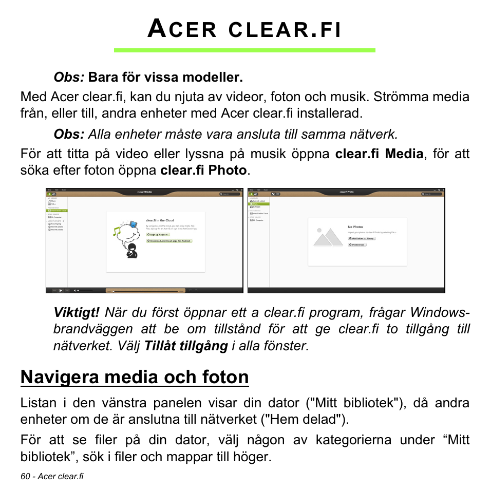 Acer clear.fi, Navigera media och foton, Clear | Acer Aspire S3-391 User Manual | Page 1144 / 3554