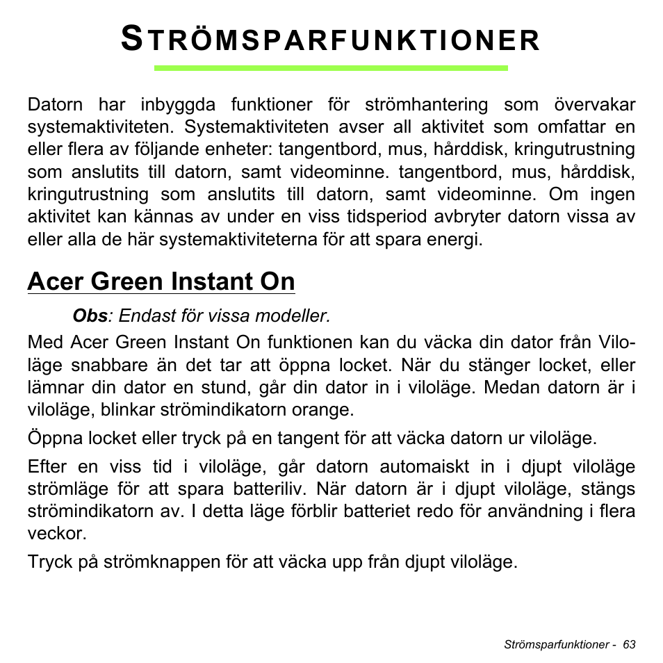 Strömsparfunktioner, Acer green instant on, Trömsparfunktioner | Acer Aspire S3-391 User Manual | Page 1147 / 3554