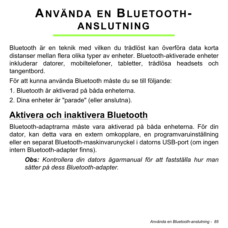 Använda en bluetooth- anslutning, Aktivera och inaktivera bluetooth, Använda en bluetooth-anslutning | Acer Aspire S3-391 User Manual | Page 1169 / 3554