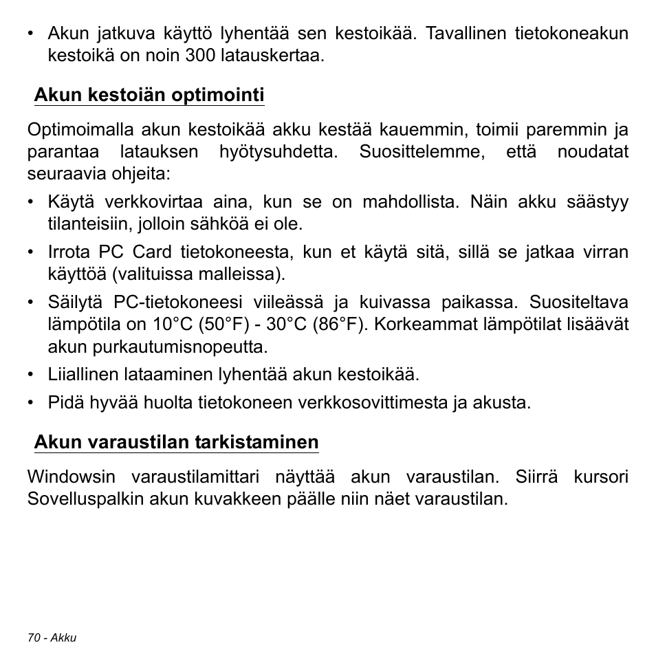 Akun kestoiän optimointi, Akun varaustilan tarkistaminen | Acer Aspire S3-391 User Manual | Page 1267 / 3554