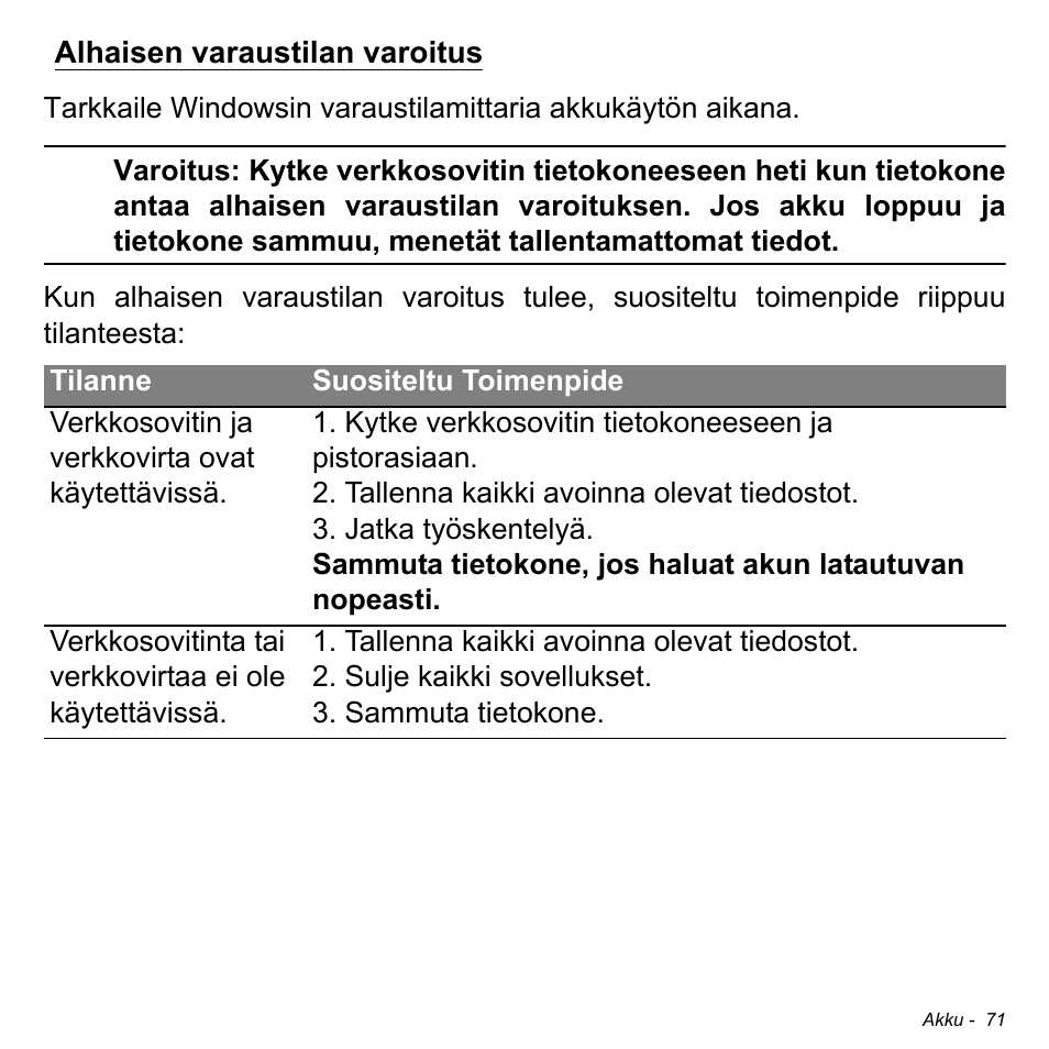 Alhaisen varaustilan varoitus | Acer Aspire S3-391 User Manual | Page 1268 / 3554