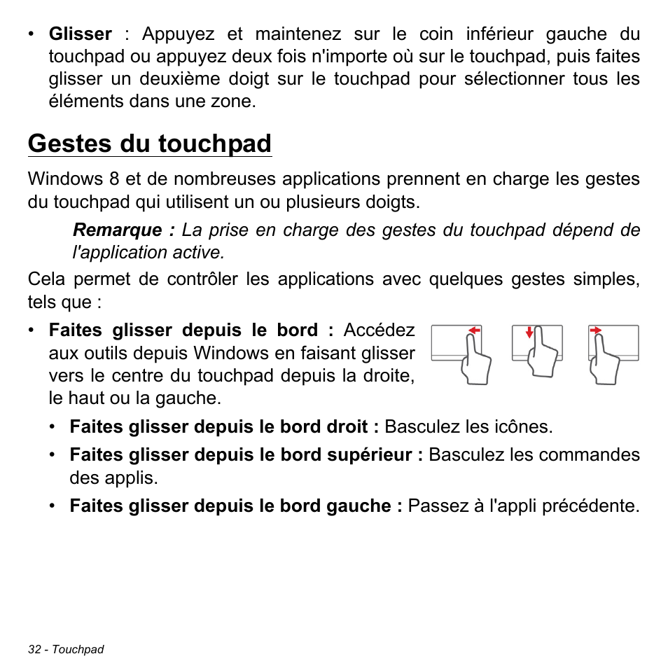 Gestes du touchpad | Acer Aspire S3-391 User Manual | Page 145 / 3554