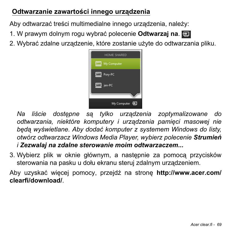 Odtwarzanie zawartości innego urządzenia | Acer Aspire S3-391 User Manual | Page 1513 / 3554