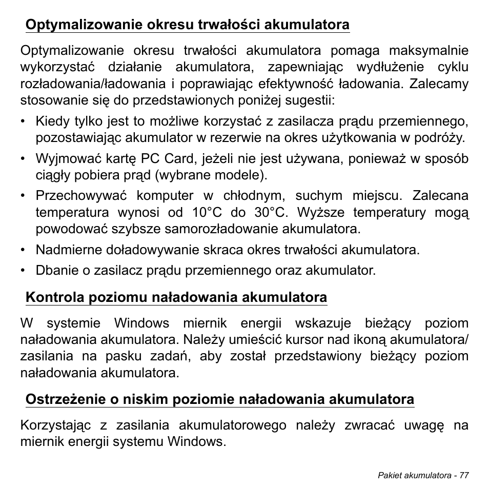 Optymalizowanie okresu trwałości akumulatora, Kontrola poziomu naładowania akumulatora | Acer Aspire S3-391 User Manual | Page 1521 / 3554