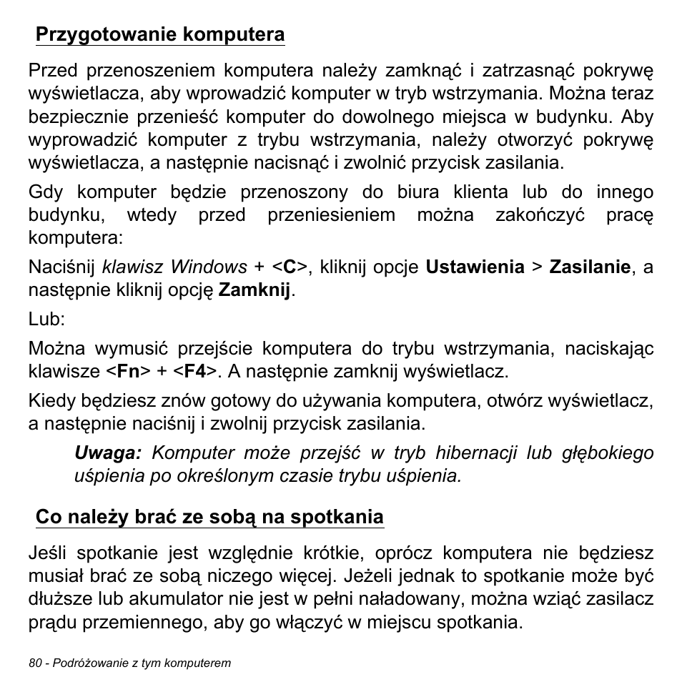 Przygotowanie komputera, Co należy brać ze sobą na spotkania | Acer Aspire S3-391 User Manual | Page 1524 / 3554