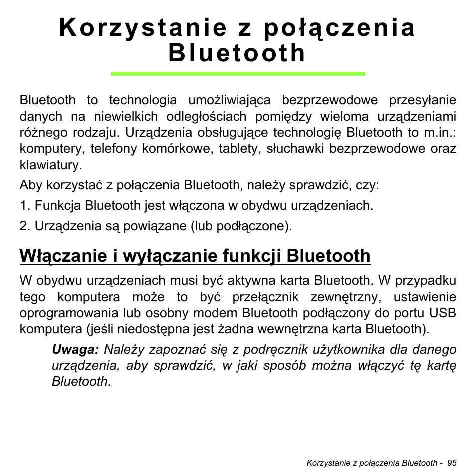 Korzystanie z połączenia bluetooth, Włączanie i wyłączanie funkcji bluetooth, Korzystanie z połączenia bluetooth 95 | Acer Aspire S3-391 User Manual | Page 1539 / 3554