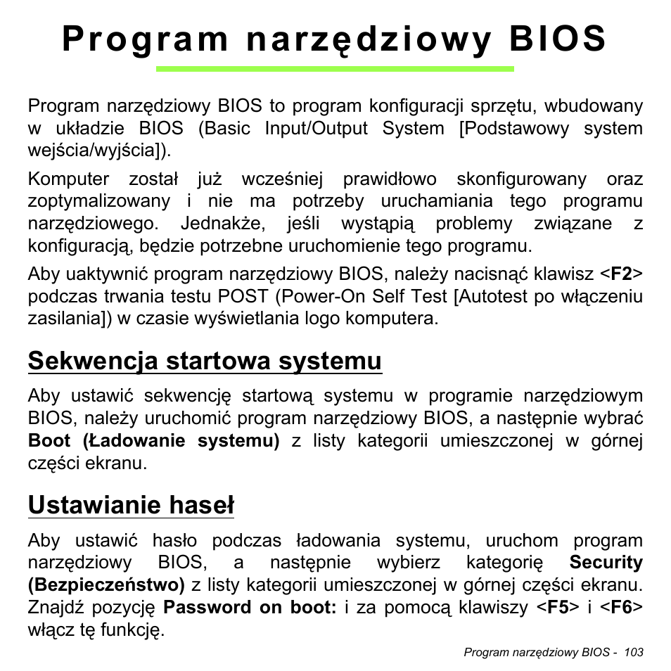 Program narzędziowy bios, Sekwencja startowa systemu, Ustawianie haseł | Sekwencja startowa systemu ustawianie haseł | Acer Aspire S3-391 User Manual | Page 1547 / 3554