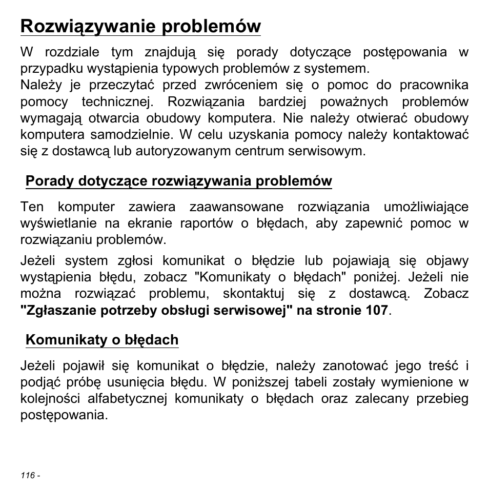 Rozwiązywanie problemów, Porady dotyczące rozwiązywania problemów, Komunikaty o błędach | Acer Aspire S3-391 User Manual | Page 1560 / 3554