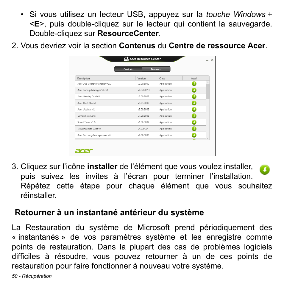 Retourner à un instantané antérieur du système | Acer Aspire S3-391 User Manual | Page 163 / 3554