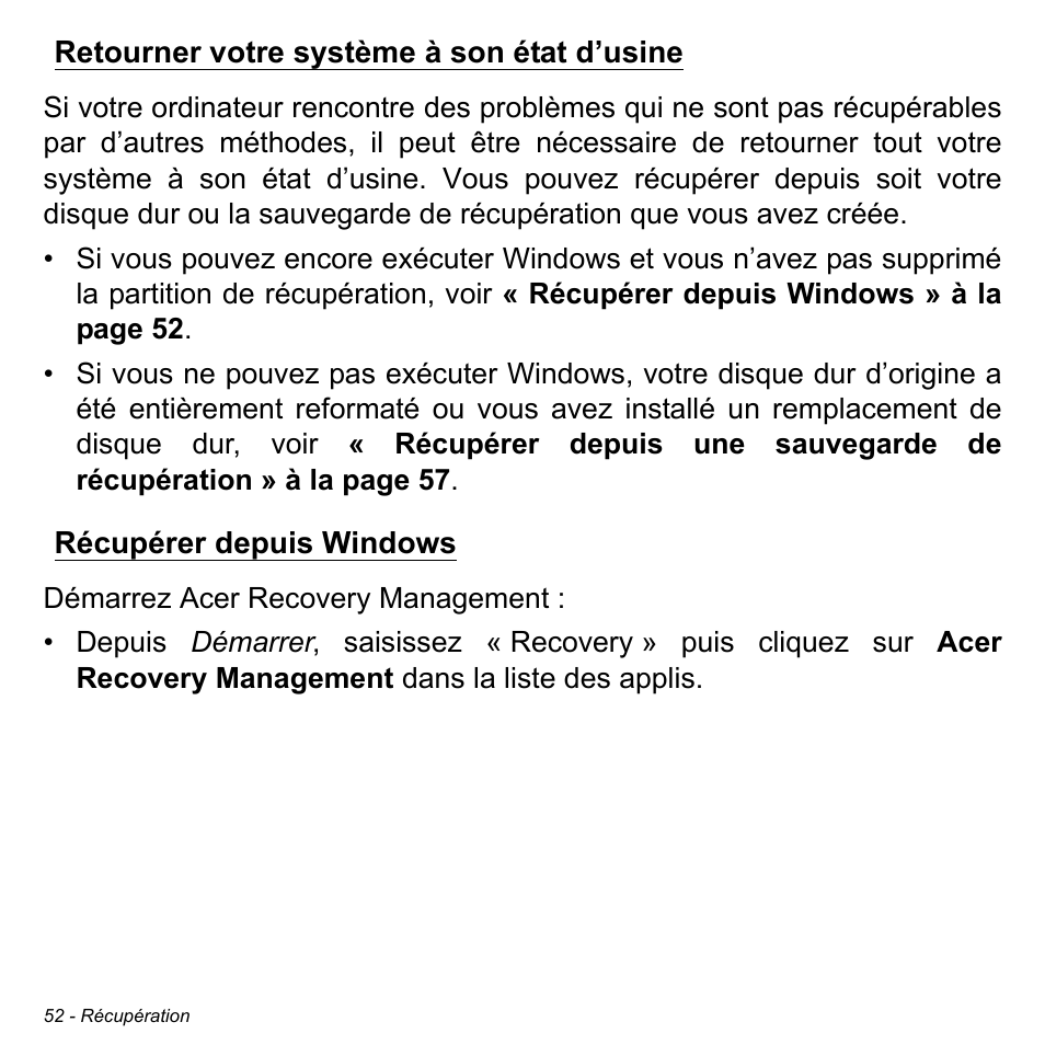 Retourner votre système à son état d’usine, Récupérer depuis windows | Acer Aspire S3-391 User Manual | Page 165 / 3554