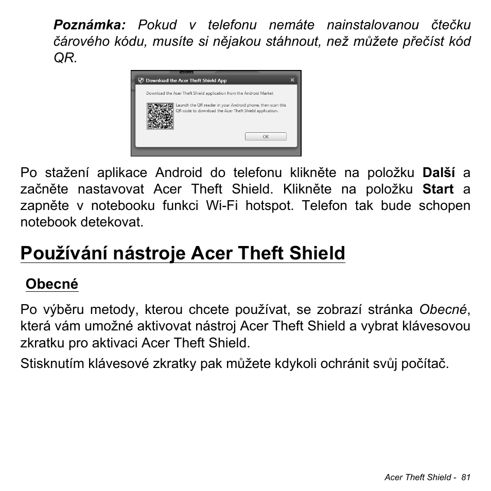Používání nástroje acer theft shield, Obecné | Acer Aspire S3-391 User Manual | Page 1776 / 3554