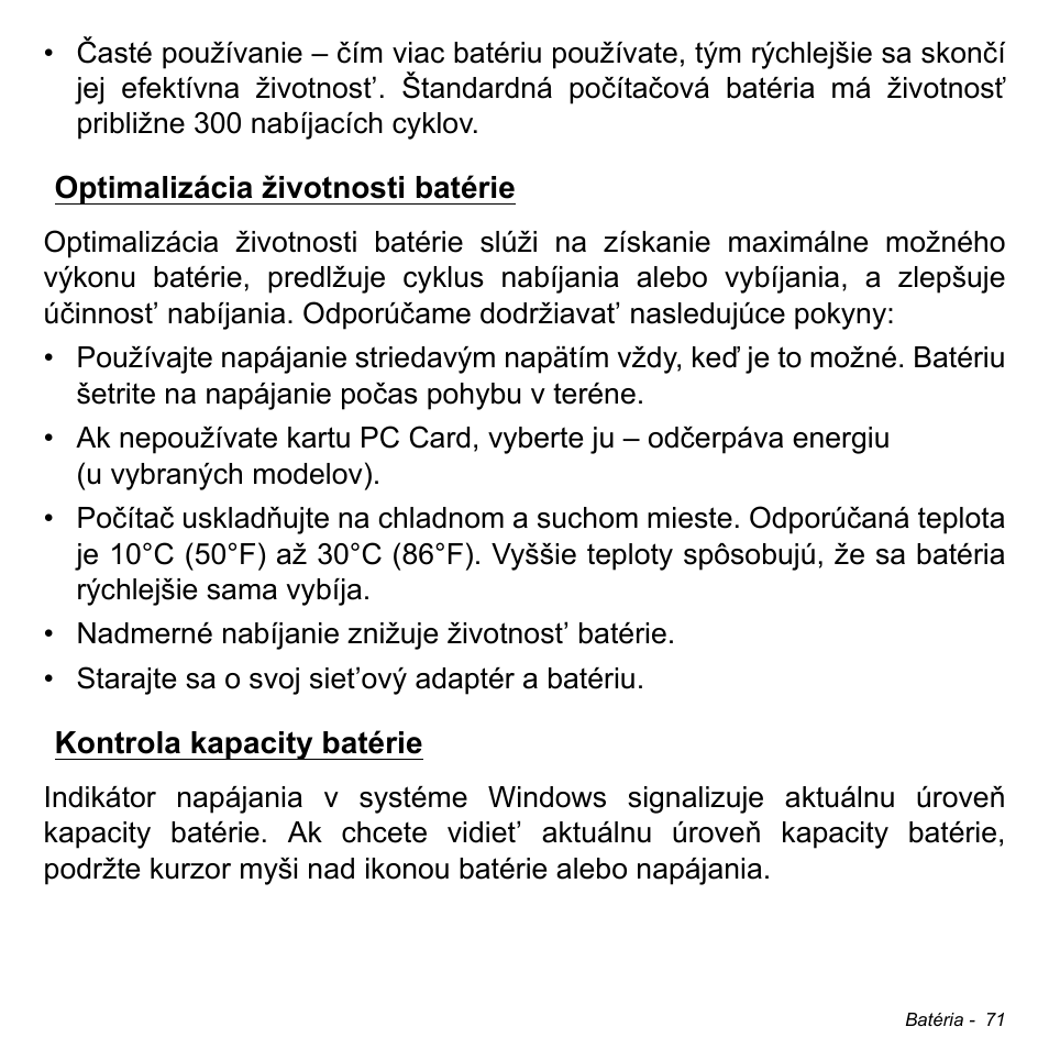 Optimalizácia životnosti batérie, Kontrola kapacity batérie | Acer Aspire S3-391 User Manual | Page 1882 / 3554