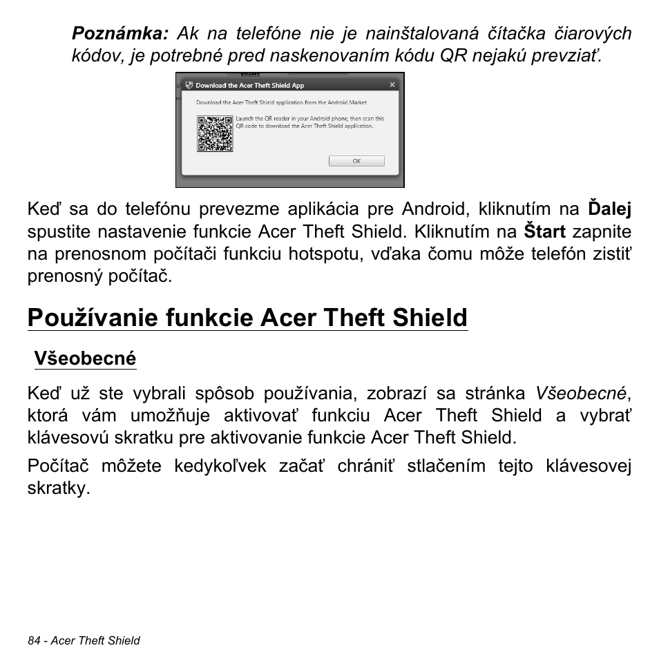 Používanie funkcie acer theft shield, Všeobecné | Acer Aspire S3-391 User Manual | Page 1895 / 3554