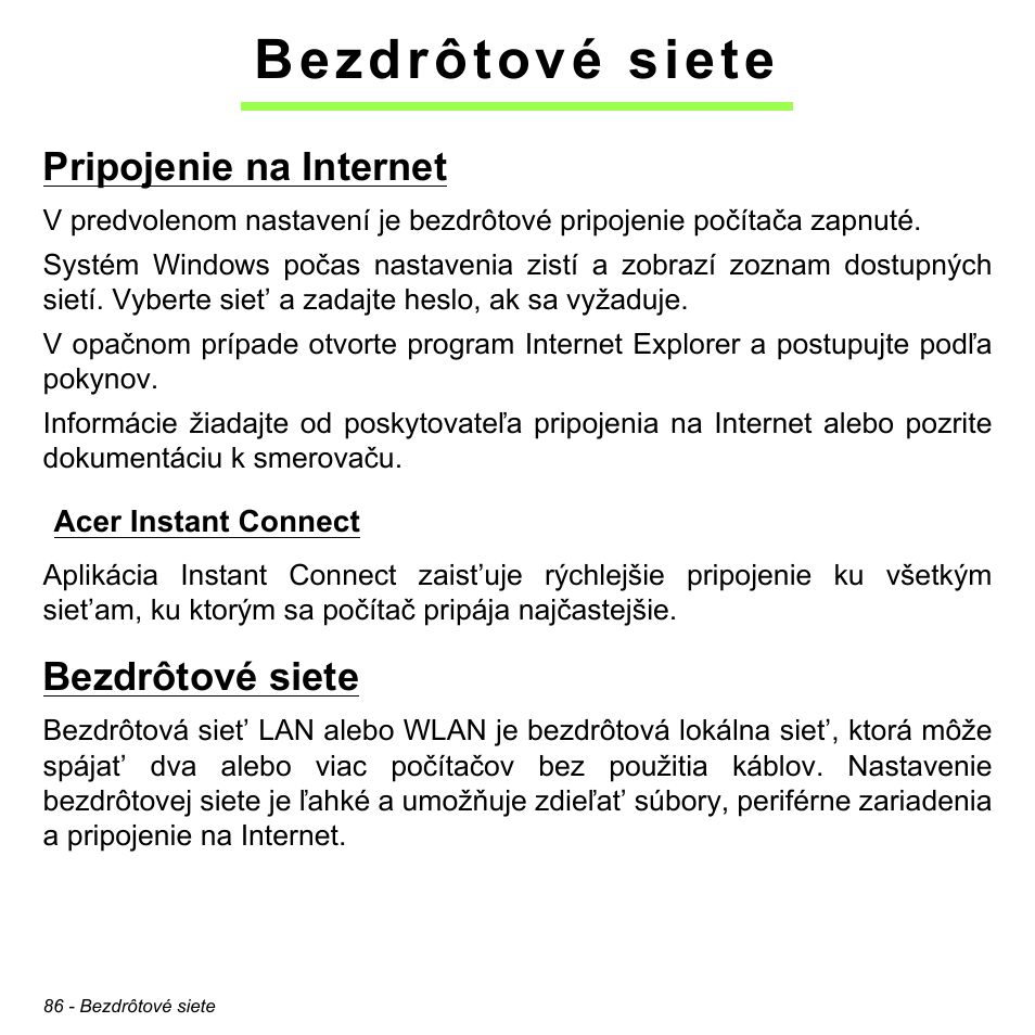 Bezdrôtové siete, Pripojenie na internet, Acer instant connect | Acer Aspire S3-391 User Manual | Page 1897 / 3554