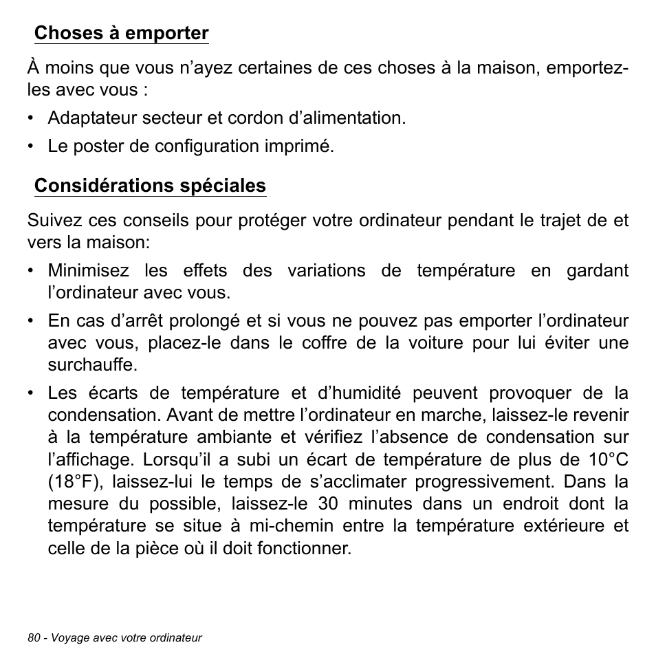 Choses à emporter, Considérations spéciales, Choses à emporter considérations spéciales | Acer Aspire S3-391 User Manual | Page 193 / 3554