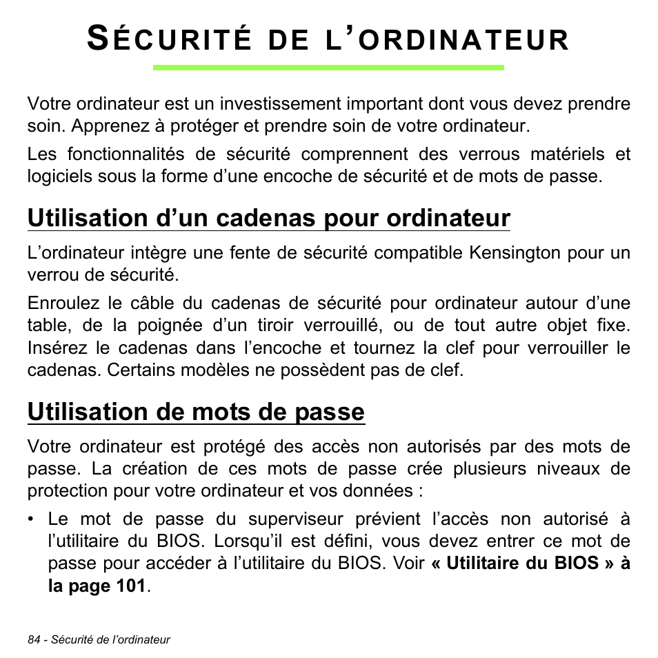 Sécurité de l’ordinateur, Utilisation d’un cadenas pour ordinateur, Utilisation de mots de passe | Acer Aspire S3-391 User Manual | Page 197 / 3554