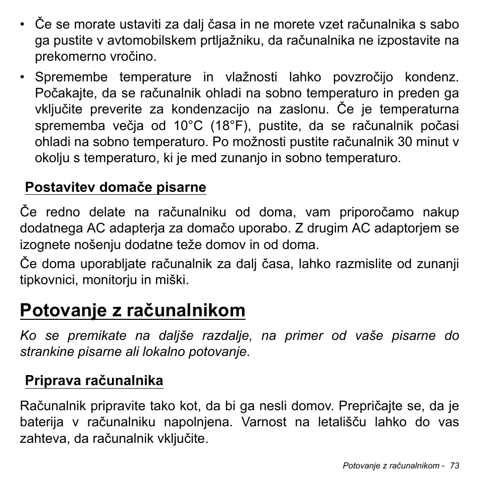 Postavitev domače pisarne, Potovanje z računalnikom, Priprava računalnika | Acer Aspire S3-391 User Manual | Page 2002 / 3554