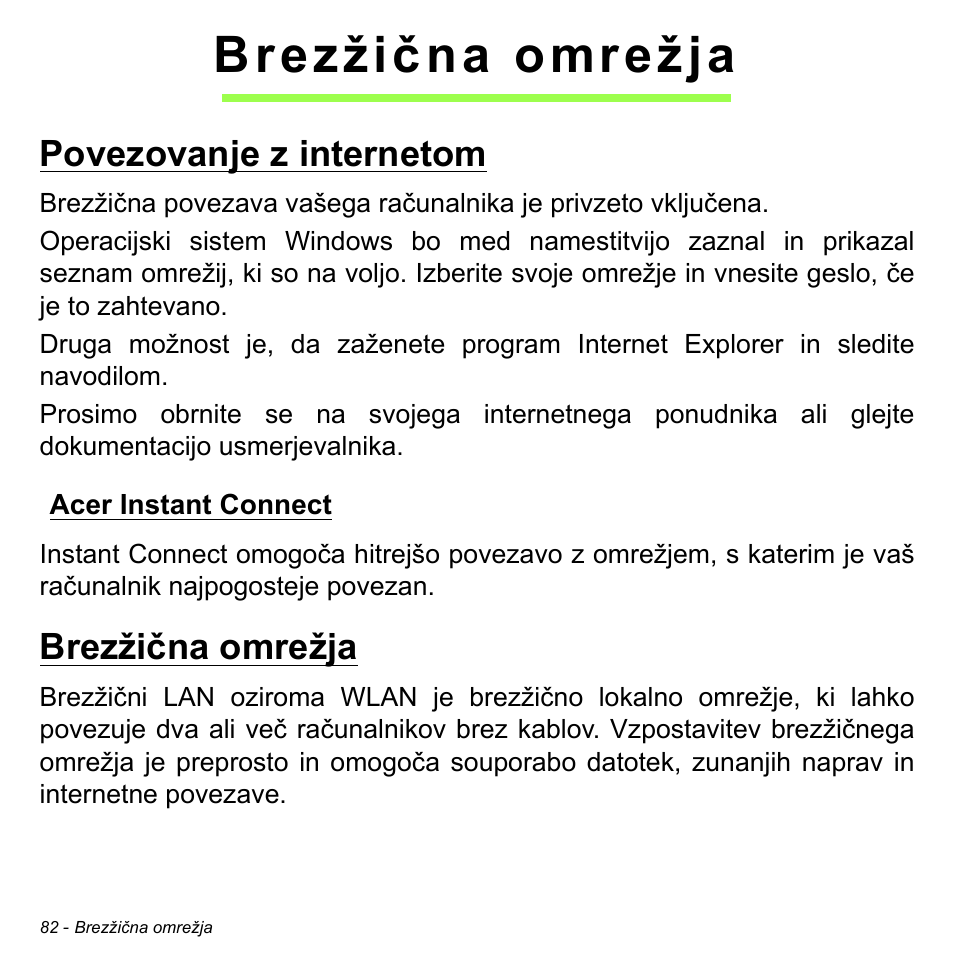 Brezžična omrežja, Povezovanje z internetom, Acer instant connect | Acer Aspire S3-391 User Manual | Page 2011 / 3554