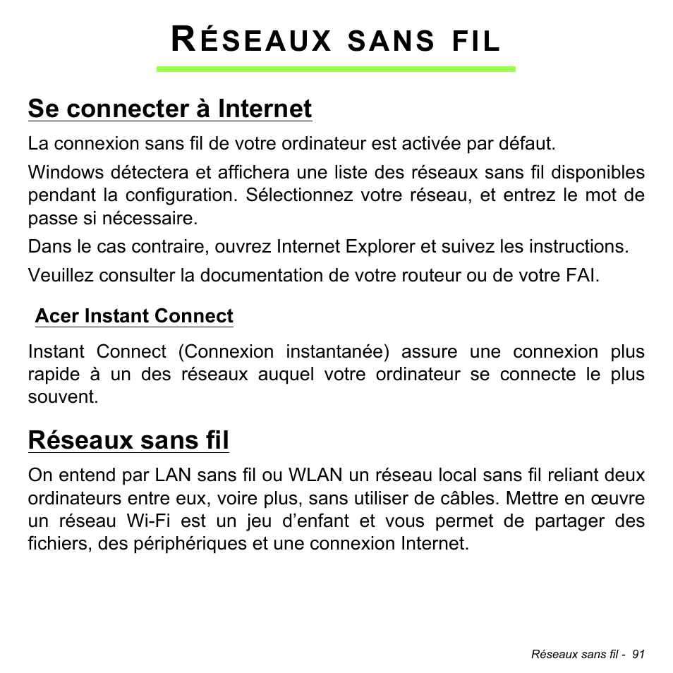 Réseaux sans fil, Se connecter à internet, Acer instant connect | Éseaux, Sans | Acer Aspire S3-391 User Manual | Page 204 / 3554