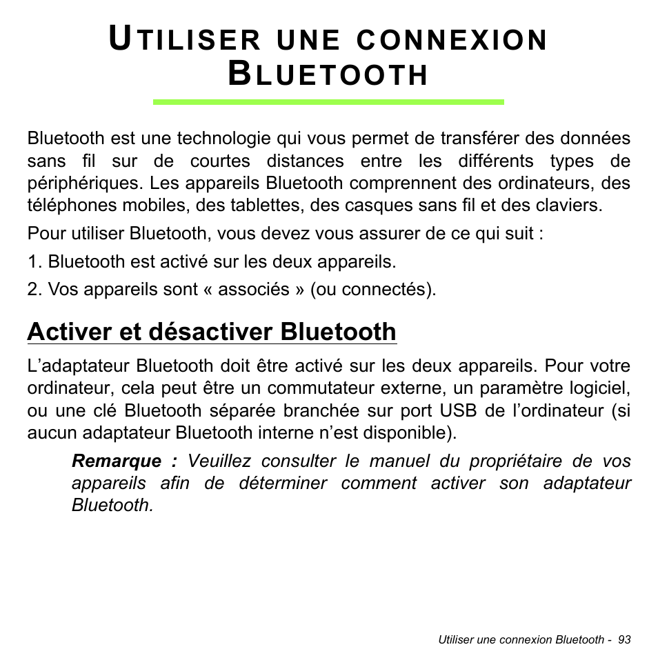 Utiliser une connexion bluetooth, Activer et désactiver bluetooth | Acer Aspire S3-391 User Manual | Page 206 / 3554