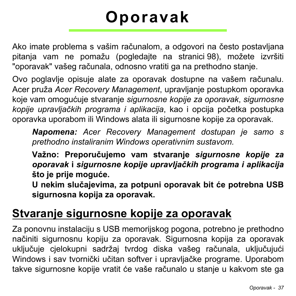 Oporavak, Stvaranje sigurnosne kopije za oporavak | Acer Aspire S3-391 User Manual | Page 2079 / 3554