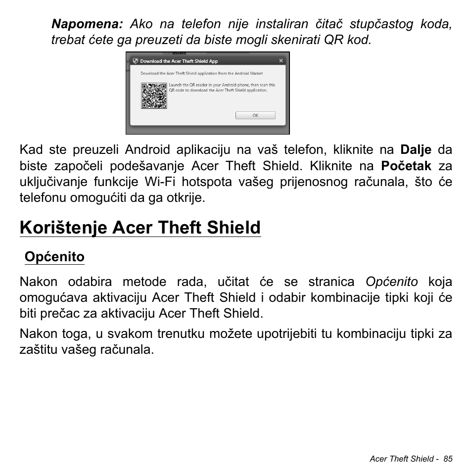 Korištenje acer theft shield, Općenito | Acer Aspire S3-391 User Manual | Page 2127 / 3554