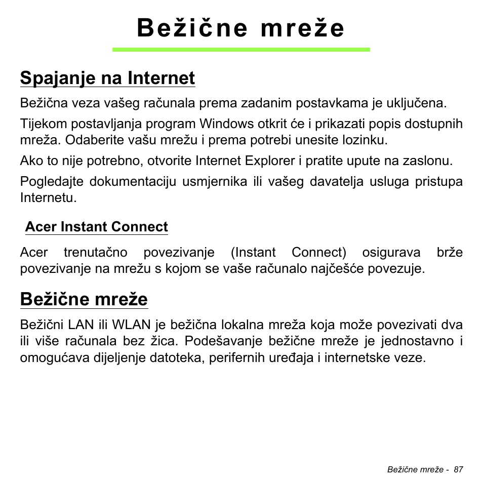 Bežične mreže, Spajanje na internet, Acer instant connect | Acer Aspire S3-391 User Manual | Page 2129 / 3554