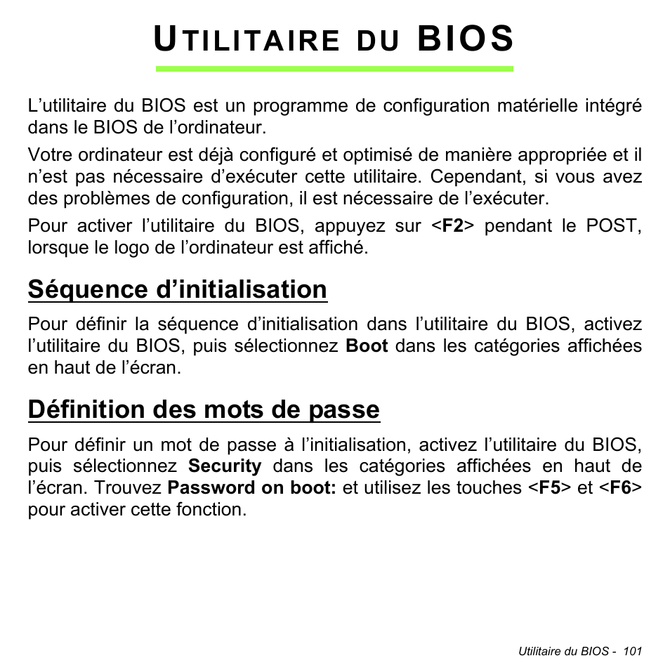 Utilitaire du bios, Séquence d’initialisation, Définition des mots de passe | Bios, Tilitaire | Acer Aspire S3-391 User Manual | Page 214 / 3554