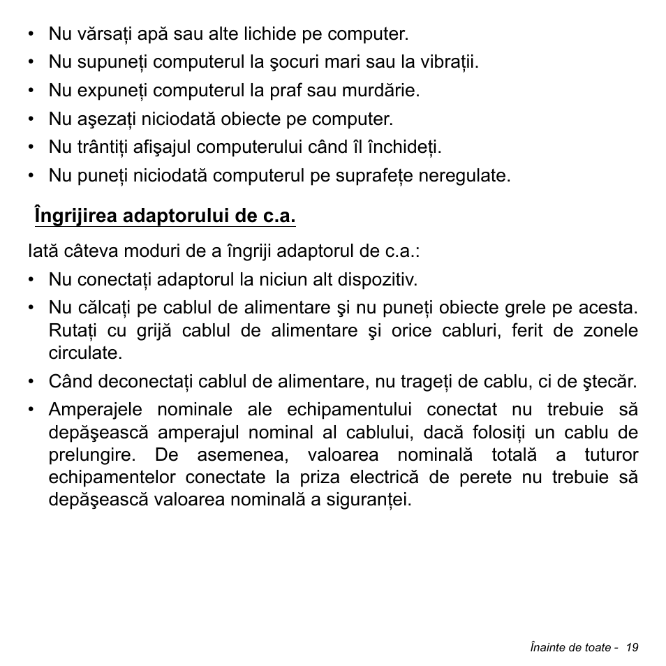 Îngrijirea adaptorului de c.a | Acer Aspire S3-391 User Manual | Page 2180 / 3554