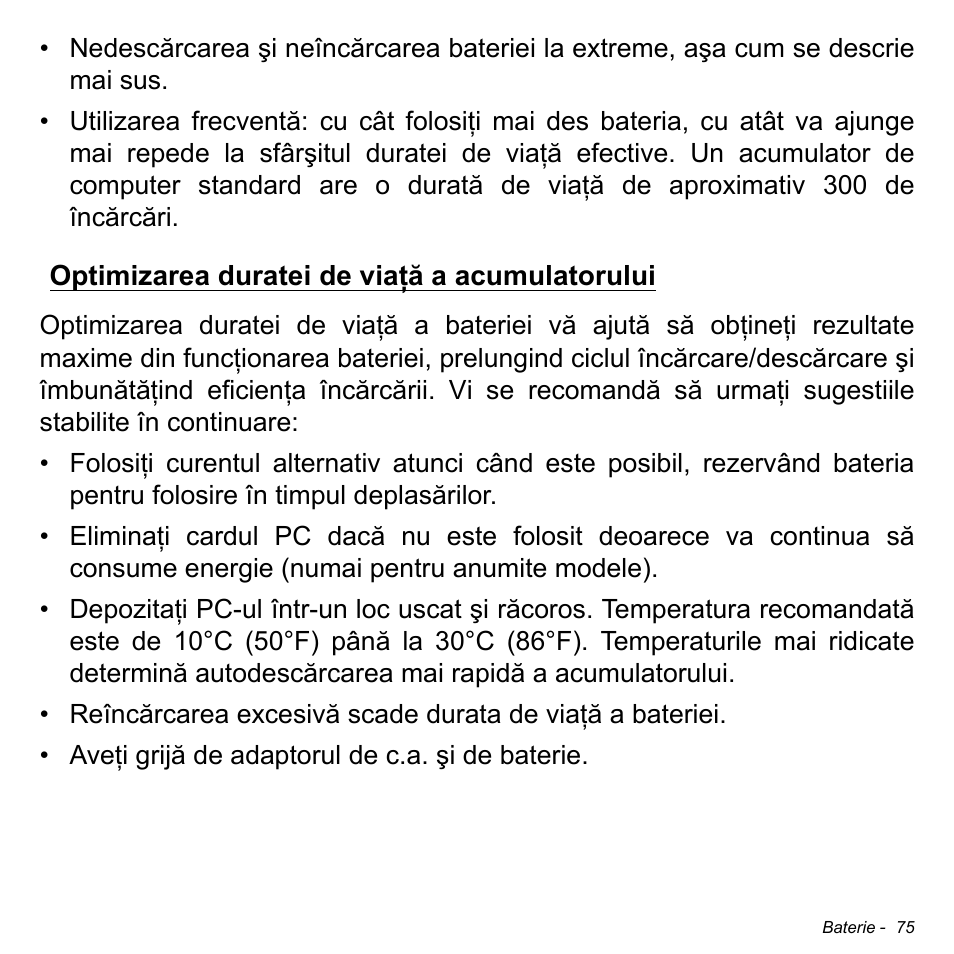 Optimizarea duratei de viaţă a acumulatorului | Acer Aspire S3-391 User Manual | Page 2236 / 3554