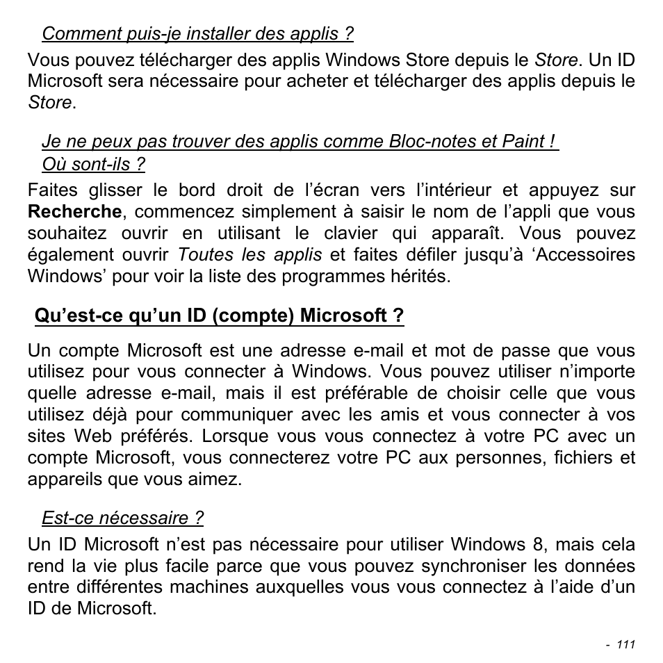 Qu’est-ce qu’un id (compte) microsoft, Qu’est-ce qu’un id (compte), Microsoft | Acer Aspire S3-391 User Manual | Page 224 / 3554