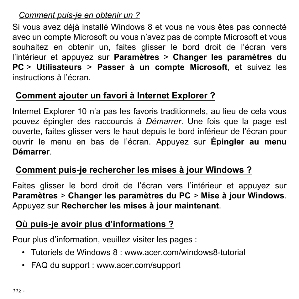 Comment ajouter un favori à internet explorer, Où puis-je avoir plus d’informations | Acer Aspire S3-391 User Manual | Page 225 / 3554