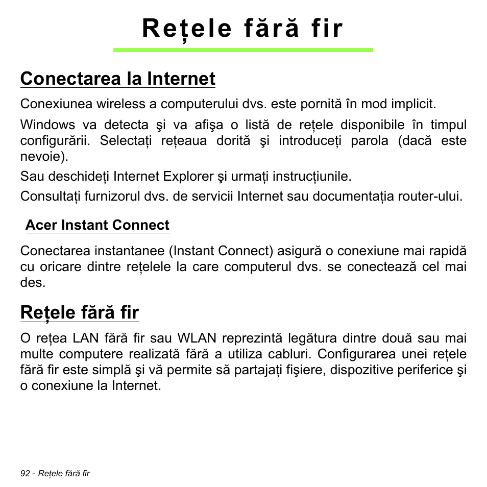 Reţele fără fir, Conectarea la internet, Acer instant connect | Acer Aspire S3-391 User Manual | Page 2253 / 3554
