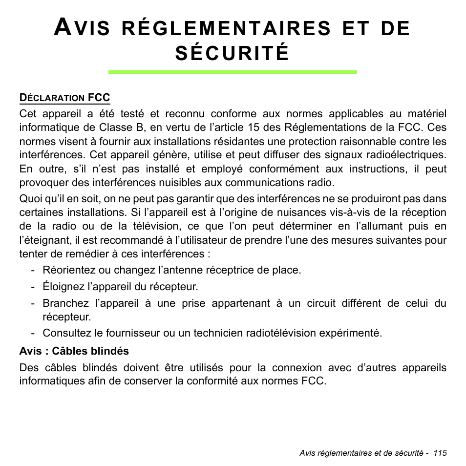 Avis réglementaires et de sécurité, Avis réglementaires et de sécurité 115, Réglementaires | Sécurité | Acer Aspire S3-391 User Manual | Page 228 / 3554