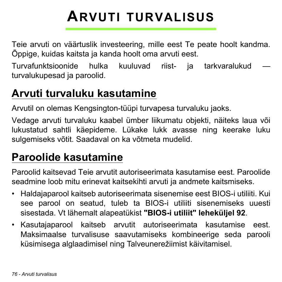 Arvuti turvalisus, Arvuti turvaluku kasutamine, Paroolide kasutamine | Arvuti turvaluku kasutamine paroolide kasutamine, Rvuti, Turvalisus | Acer Aspire S3-391 User Manual | Page 2491 / 3554