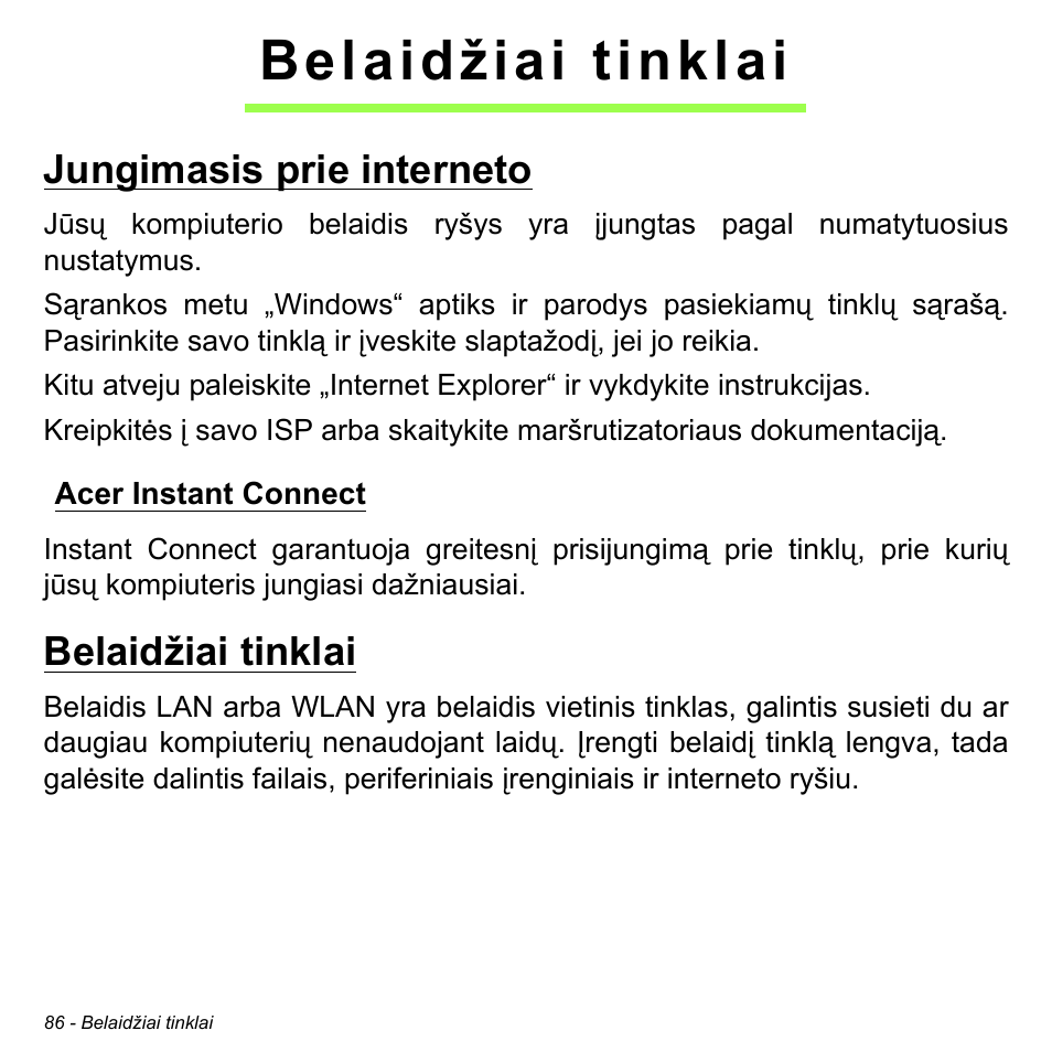 Belaidžiai tinklai, Jungimasis prie interneto, Acer instant connect | Acer Aspire S3-391 User Manual | Page 2729 / 3554