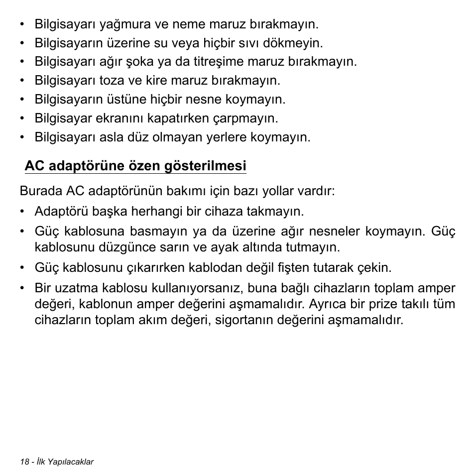 Ac adaptörüne özen gösterilmesi | Acer Aspire S3-391 User Manual | Page 2912 / 3554