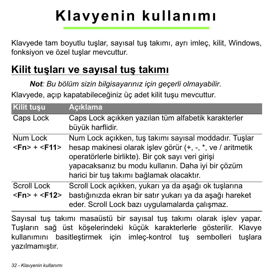 Klavyenin kullanımı, Kilit tuşları ve sayısal tuş takımı | Acer Aspire S3-391 User Manual | Page 2926 / 3554