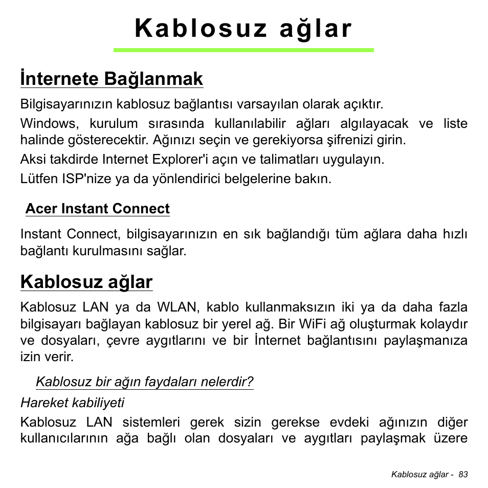 Kablosuz ağlar, Internete bağlanmak, Acer instant connect | Acer Aspire S3-391 User Manual | Page 2977 / 3554