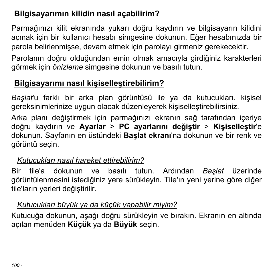 Bilgisayarımın kilidin nasıl açabilirim, Bilgisayarımı nasıl kişiselleştirebilirim | Acer Aspire S3-391 User Manual | Page 2994 / 3554